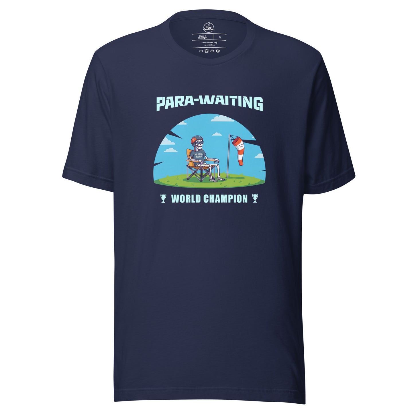 Navy unisex T-shirt featuring "Para-Waiting World Champion" text, perfect for paragliding and paramotor enthusiasts.