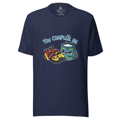 Navy unisex t-shirt featuring "You Complete Me" graphic, ideal for rock climbers and bouldering enthusiasts by Knot Qualified.