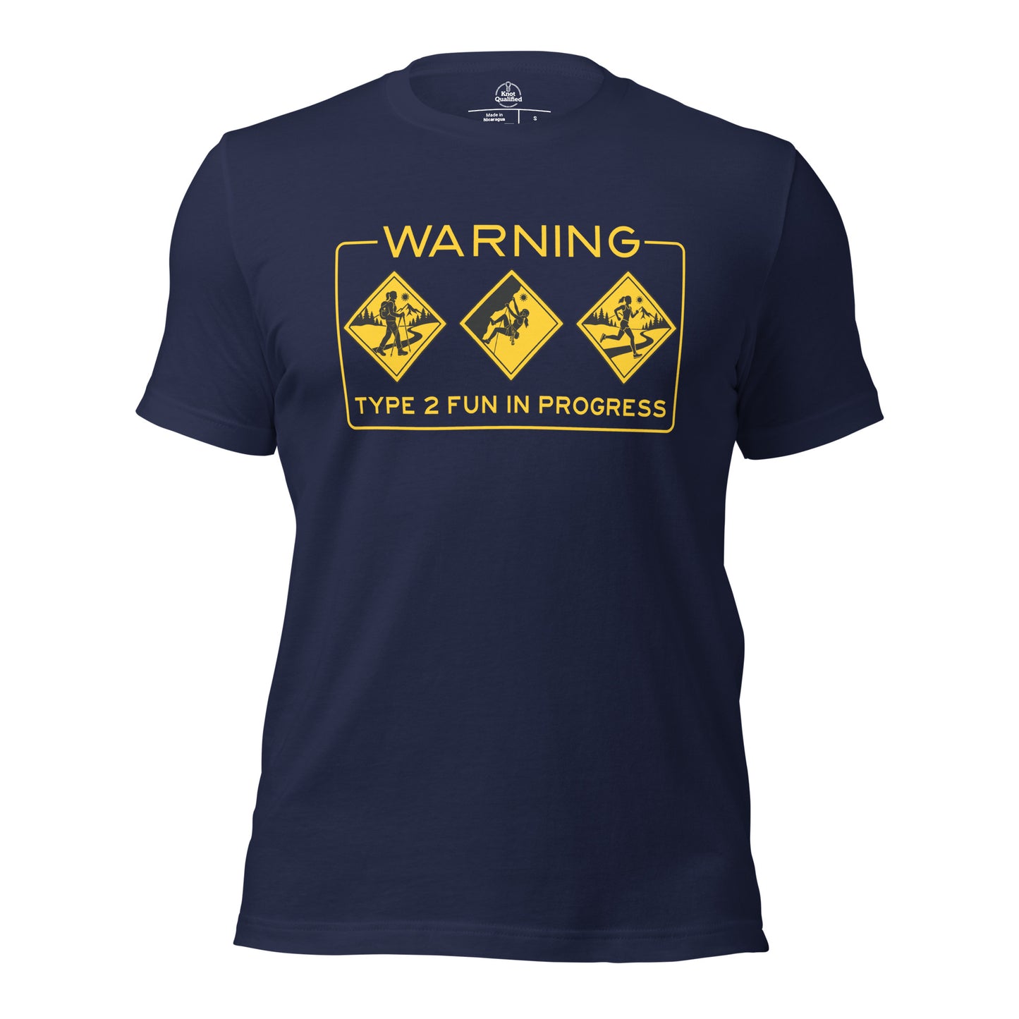 Navy unisex T-shirt by Knot Qualified featuring a fun design, ideal for hiking and trail running activities.
