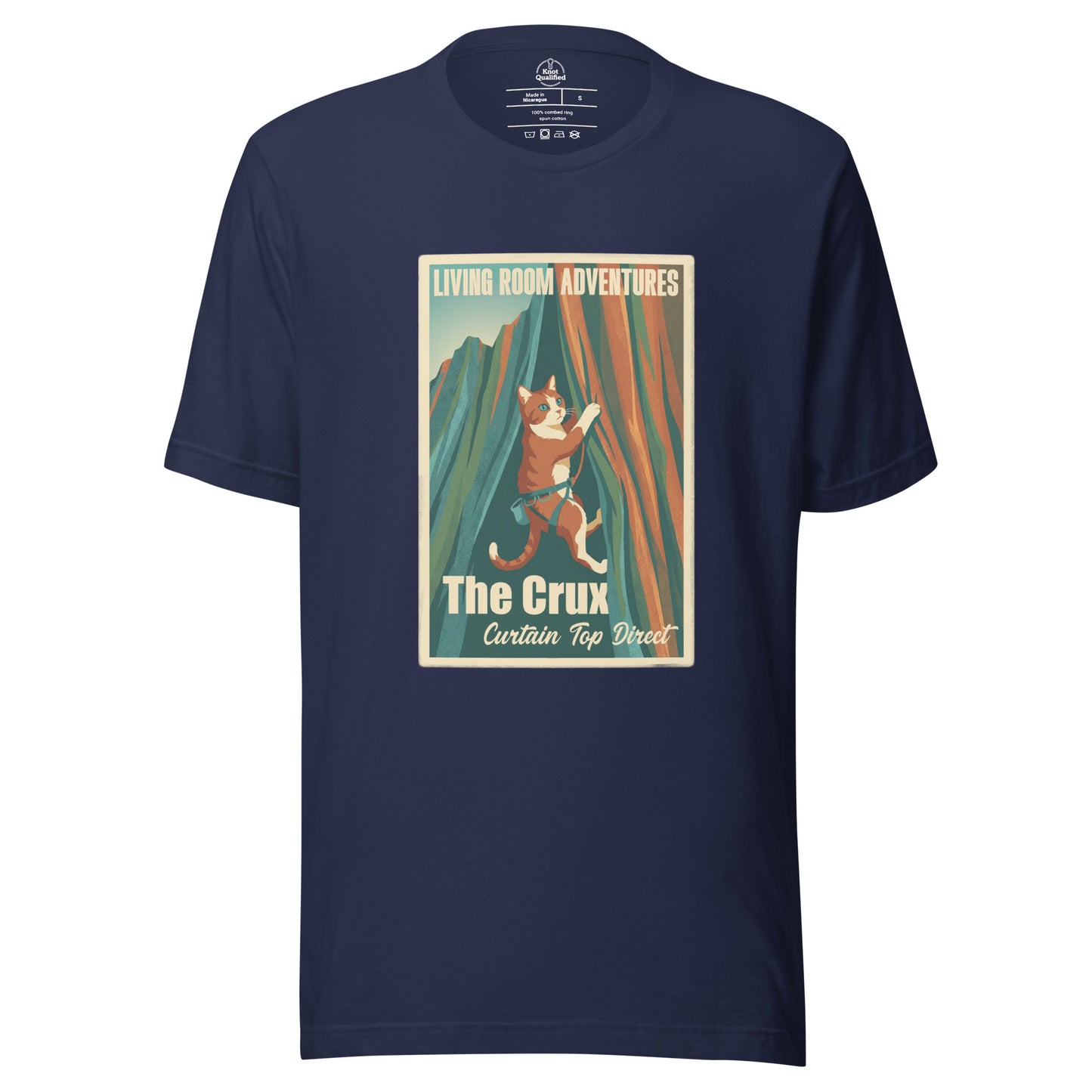 Navy unisex t-shirt featuring a funny rock climbing cat design by Knot Qualified, perfect for cat lovers.