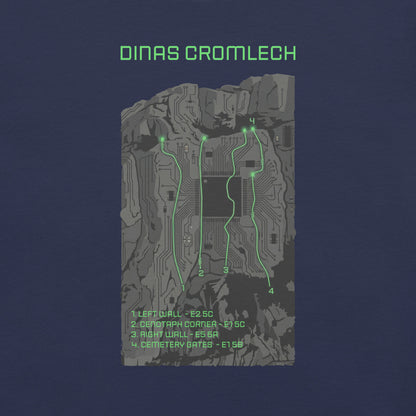 Navy Cenotaph Corner Climbing Topo T-Shirt by Knot Qualified featuring Dinas Cromlech Trad Icon design for outdoor enthusiasts.