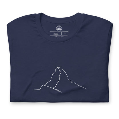 Navy unisex t-shirt featuring minimalist Matterhorn line art in Picasso style by Knot Qualified.