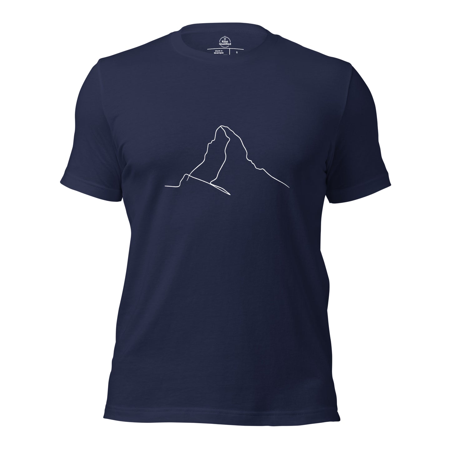 Navy unisex T-shirt featuring minimalist Matterhorn line art in Picasso style by Knot Qualified.