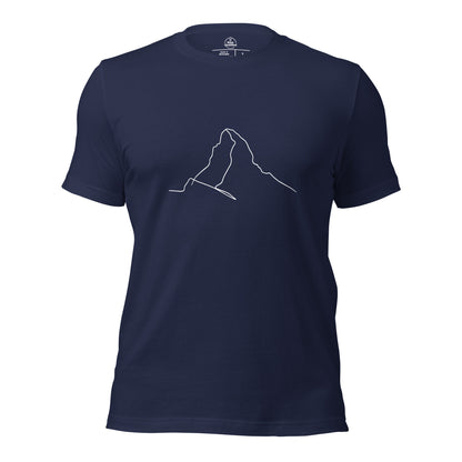 Navy unisex T-shirt featuring minimalist Matterhorn line art in Picasso style by Knot Qualified.