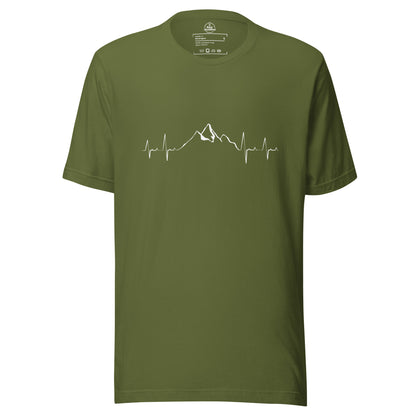 Olive green unisex t-shirt featuring a mountain heartbeat graphic by Knot Qualified.