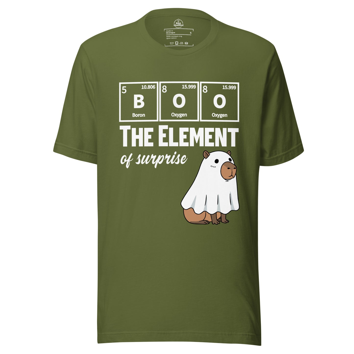 Funny capybara ghost science design on olive unisex t-shirt by Knot Qualified.