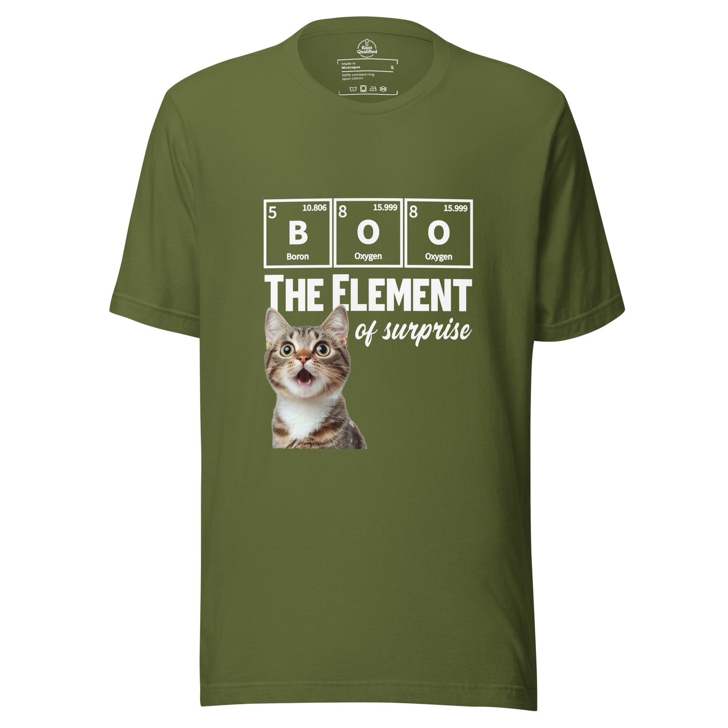Olive unisex t-shirt featuring a cute kitten chemistry pun by Knot Qualified, perfect for cat lovers and science enthusiasts.
