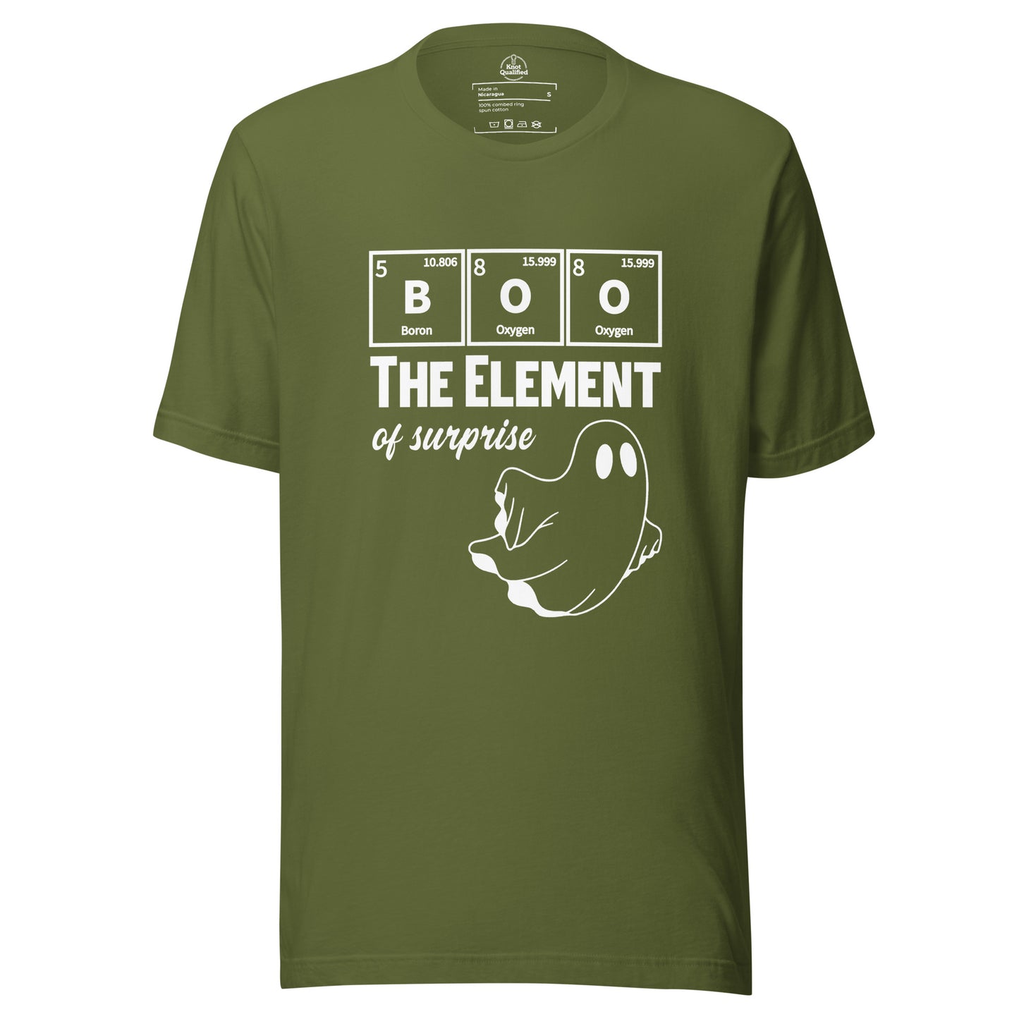Olive green unisex t-shirt featuring a funny ghost graphic with a Halloween science pun by Knot Qualified.