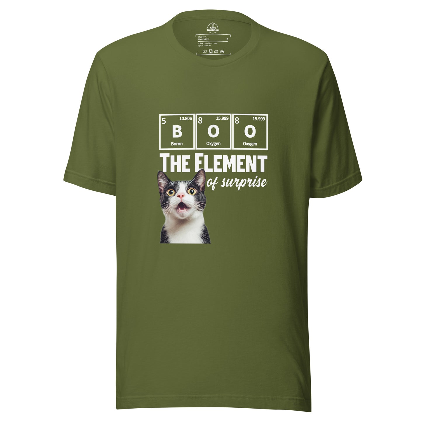 Olive unisex T-shirt featuring a funny tuxedo cat science pun by Knot Qualified.
