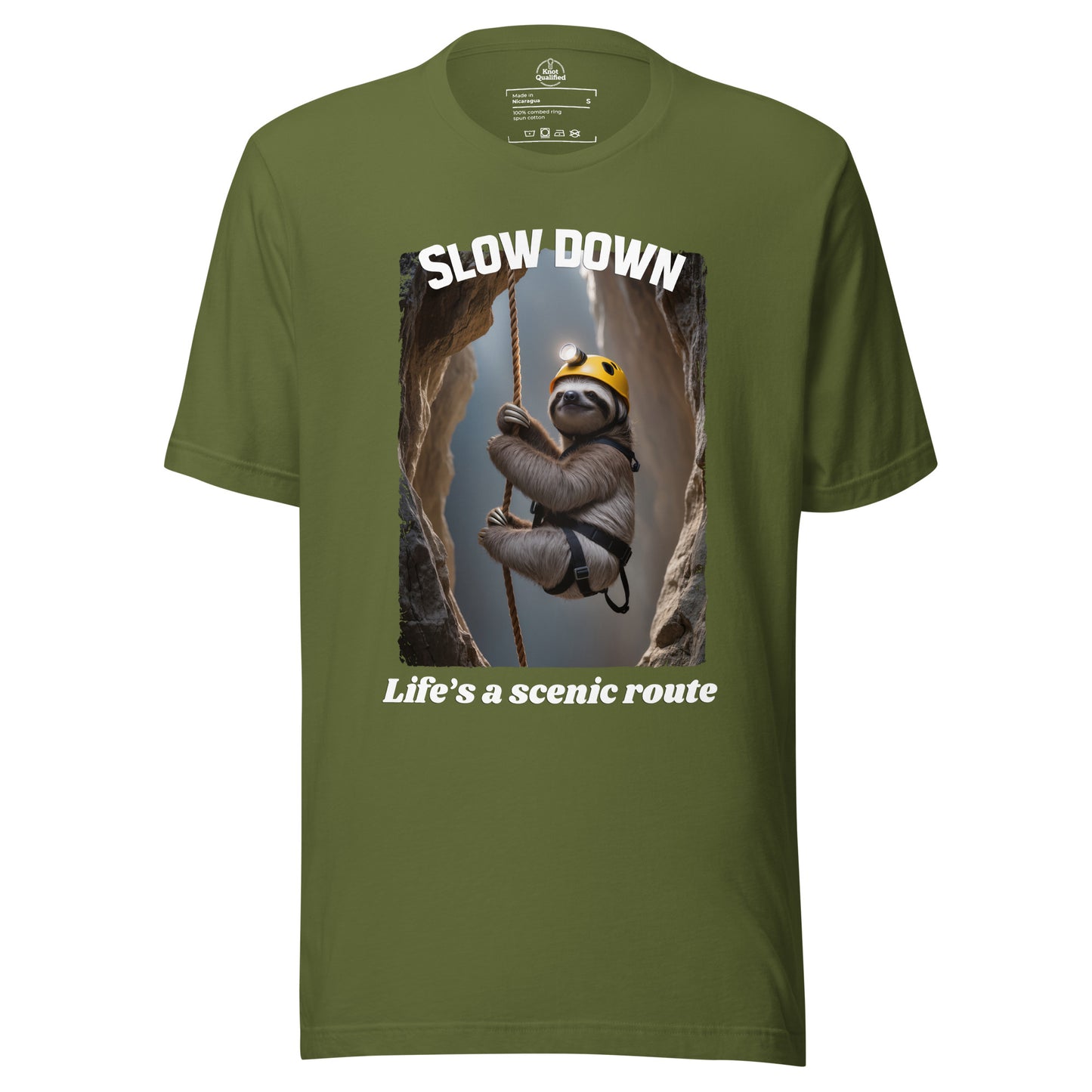 Unisex olive t-shirt by Knot Qualified featuring "Slow down Life’s a scenic route" graphic on the front.