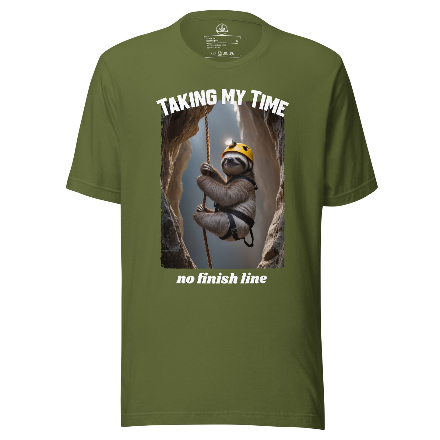 Olive unisex T-shirt from Knot Qualified featuring "Taking my Time, no finish line" printed on the front.