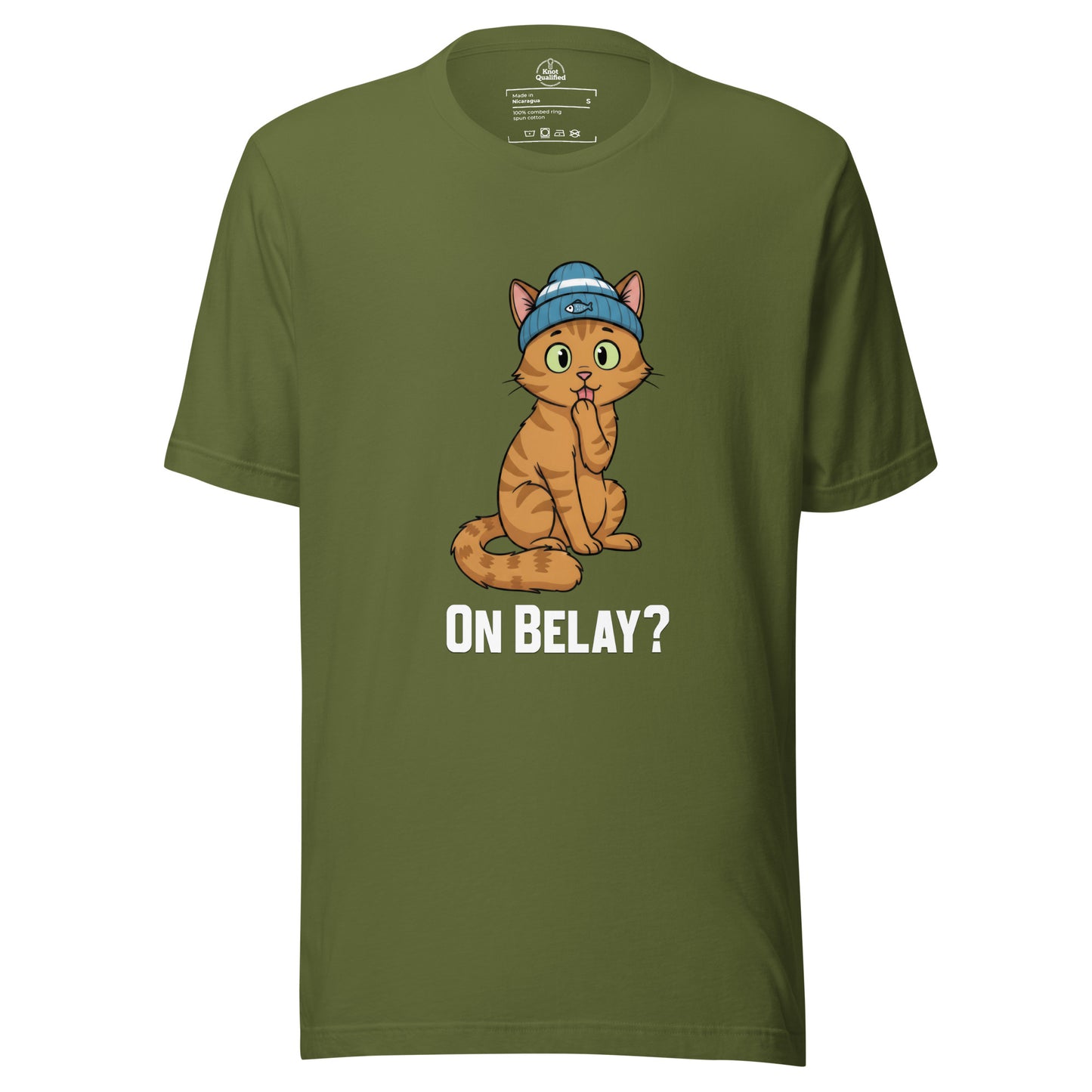 Olive green unisex t-shirt featuring "On Belay Climbing Cat" design by Knot Qualified, ideal for climbing enthusiasts.
