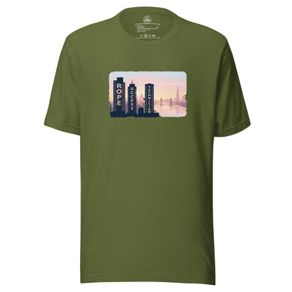 Unisex olive T-shirt featuring London skyline design, ideal for rope access technicians and high-altitude work.