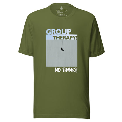 Olive green Knot Qualified T-shirt featuring "Group Therapy? No Thanks." slogan, perfect for rope access technicians.