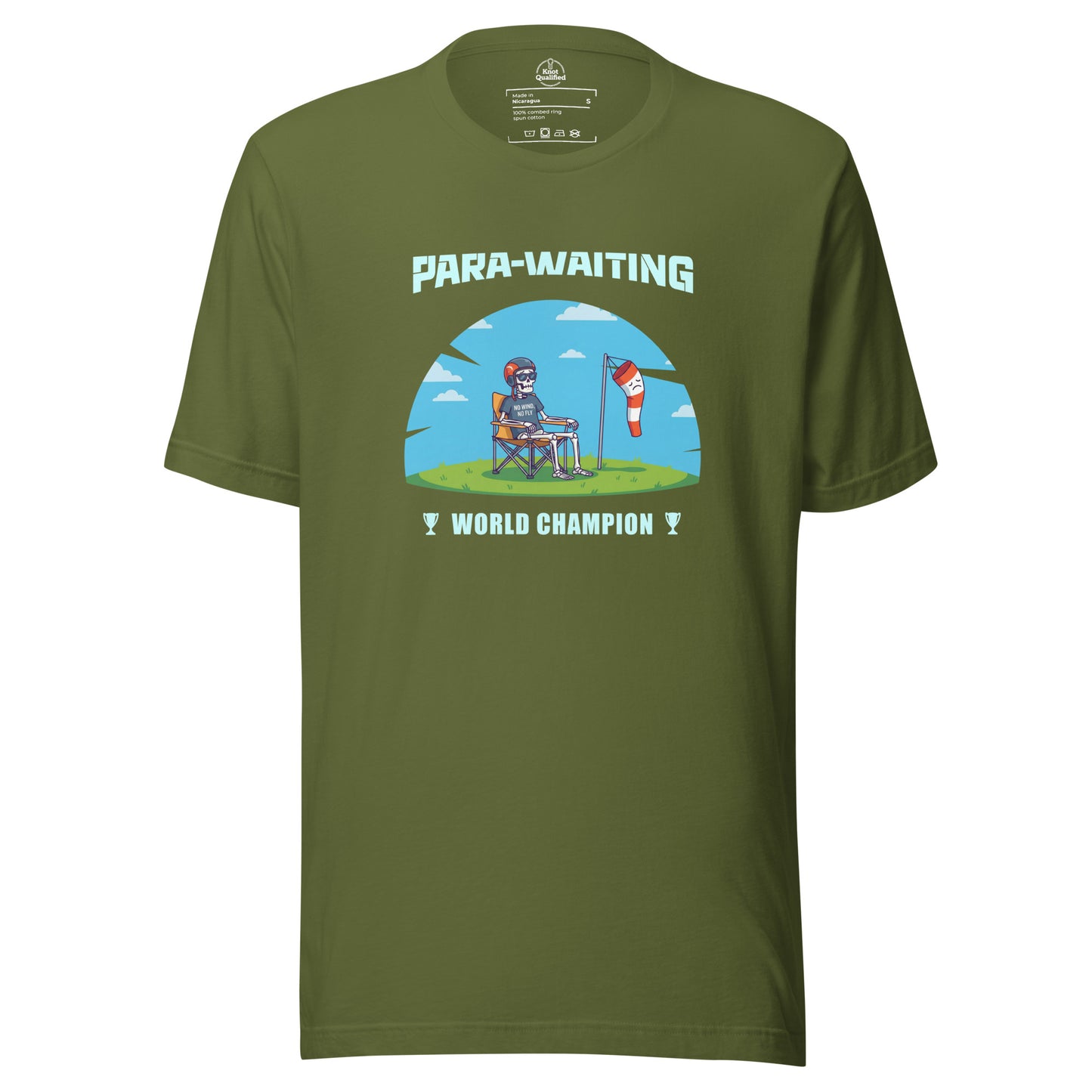 Olive unisex T-shirt featuring "Para-Waiting World Champion" graphic, perfect for paragliding and paramotor enthusiasts.