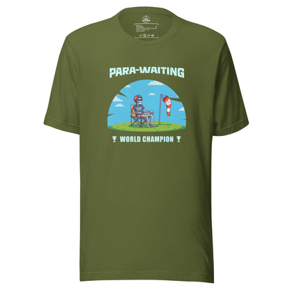 Olive unisex T-shirt featuring "Para-Waiting World Champion" graphic, perfect for paragliding and paramotor enthusiasts.