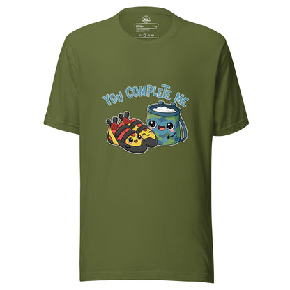 Olive unisex t-shirt featuring "You Complete Me" graphic, ideal for bouldering and rock climbing enthusiasts by Knot Qualified.