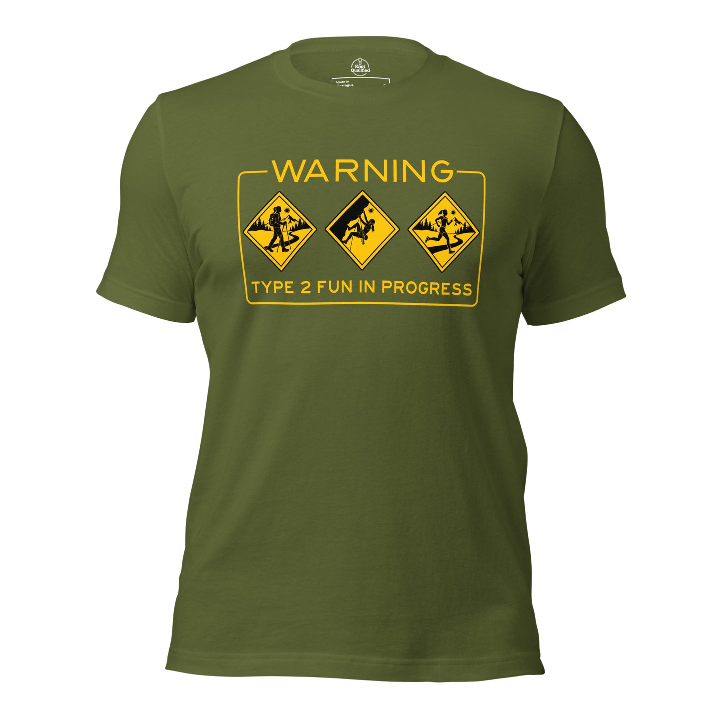 Olive green unisex T-shirt by Knot Qualified, featuring a fun design for hiking and trail running activities.