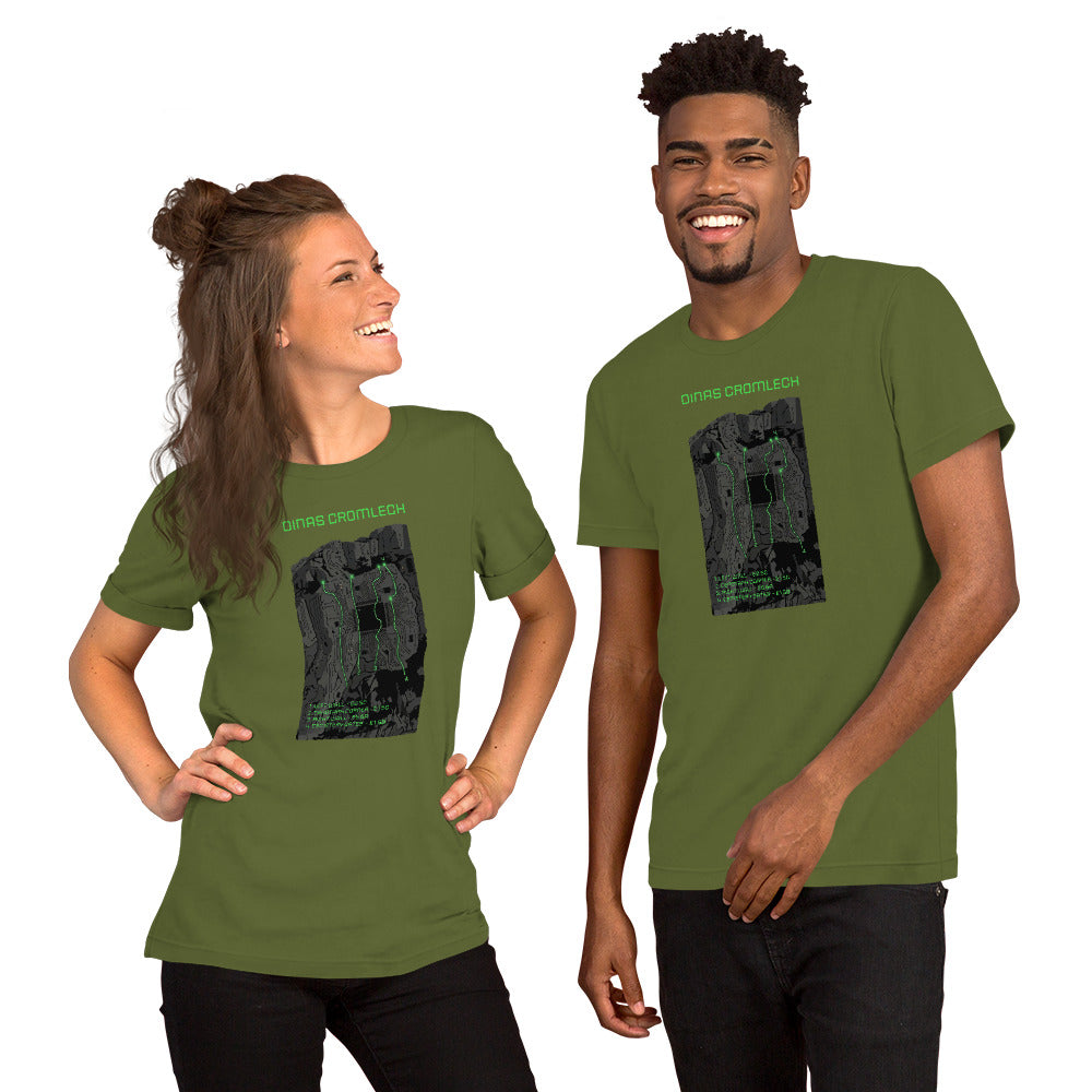 Olive green unisex Cenotaph Corner Climbing Topo T-Shirt by Knot Qualified featuring Dinas Cromlech Trad Icon design.