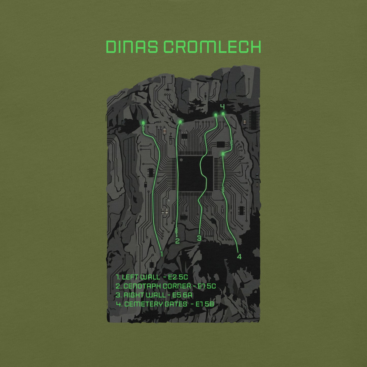 Olive unisex T-shirt featuring Cenotaph Corner climbing topo design by Knot Qualified, showcasing Dinas Cromlech Trad Icon.