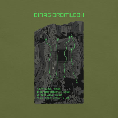 Olive unisex T-shirt featuring Cenotaph Corner climbing topo design by Knot Qualified, showcasing Dinas Cromlech Trad Icon.