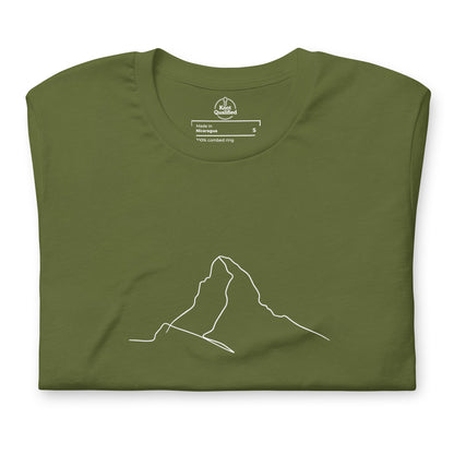 Olive unisex T-shirt featuring minimalist Matterhorn line art in Picasso style by Knot Qualified.