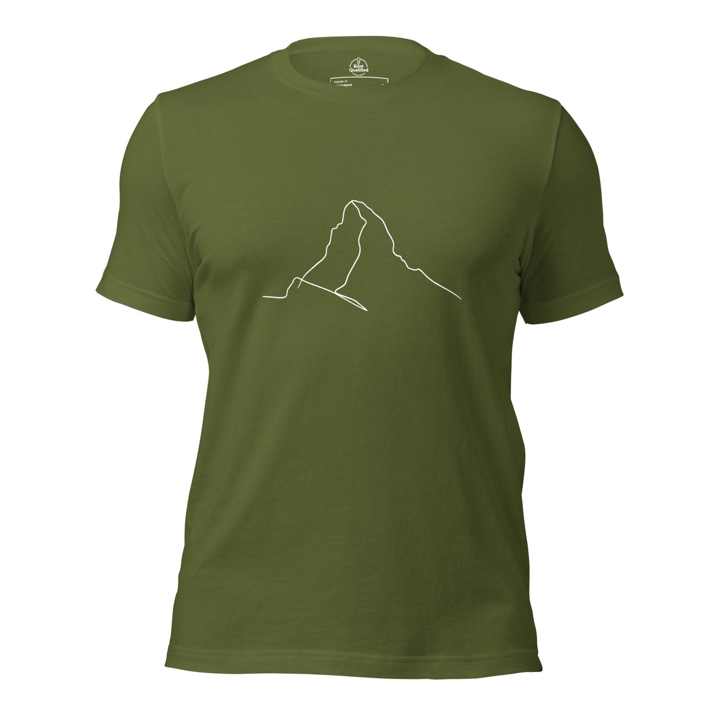 Olive unisex t-shirt featuring minimalist Matterhorn line art in Picasso style by Knot Qualified.