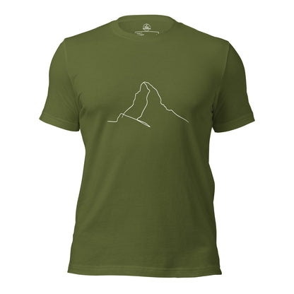 Olive unisex t-shirt featuring minimalist Matterhorn line art in Picasso style by Knot Qualified.