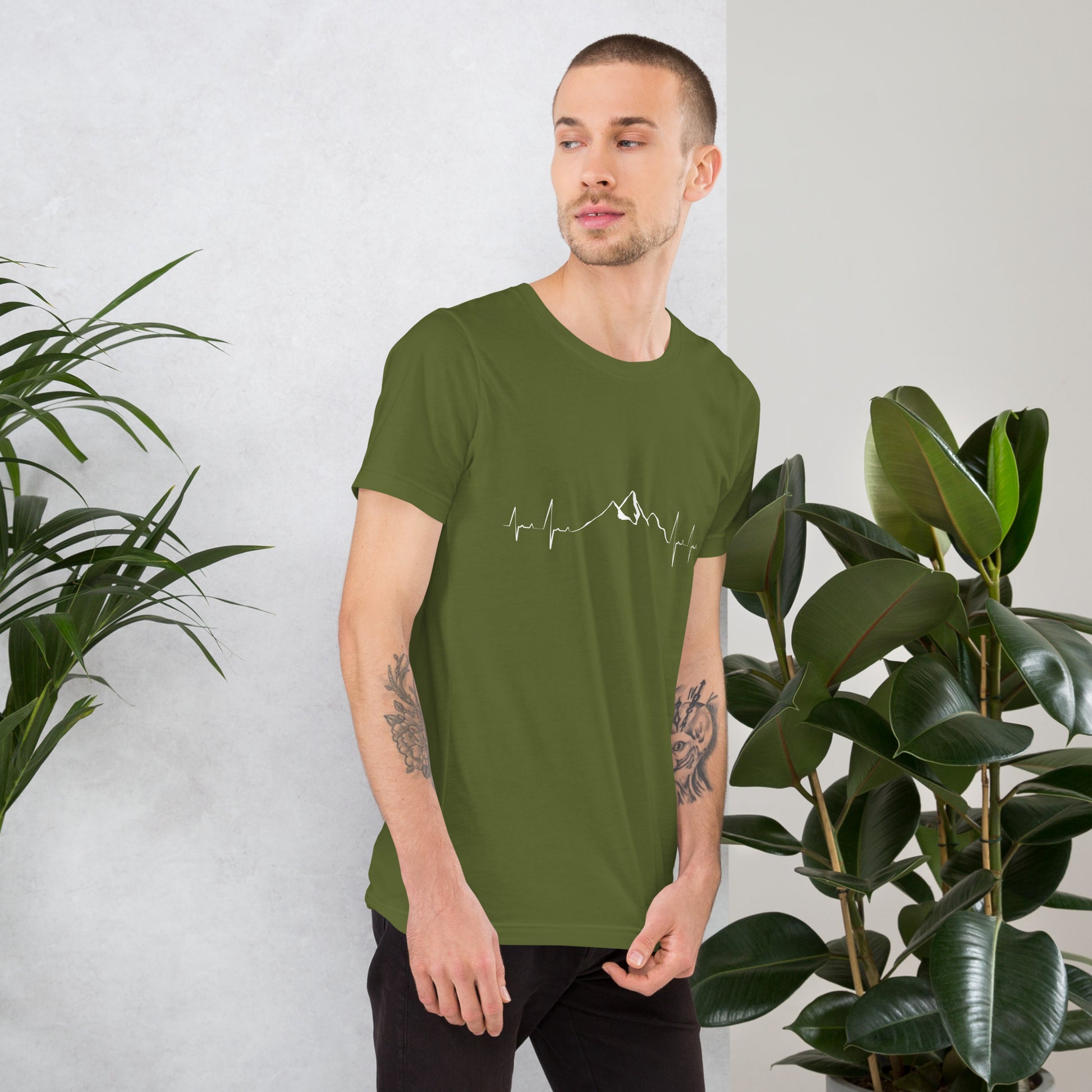 Olive green unisex t-shirt by Knot Qualified featuring a mountain heartbeat graphic design.