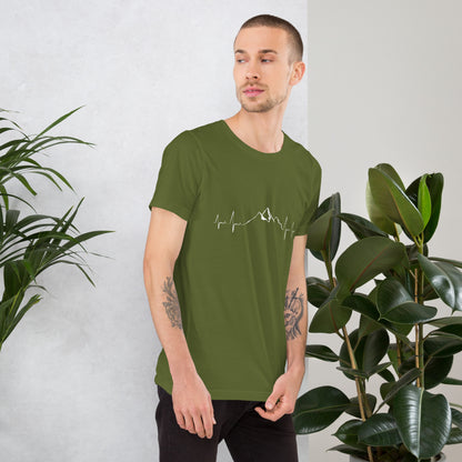 Olive green unisex t-shirt by Knot Qualified featuring a mountain heartbeat graphic design.