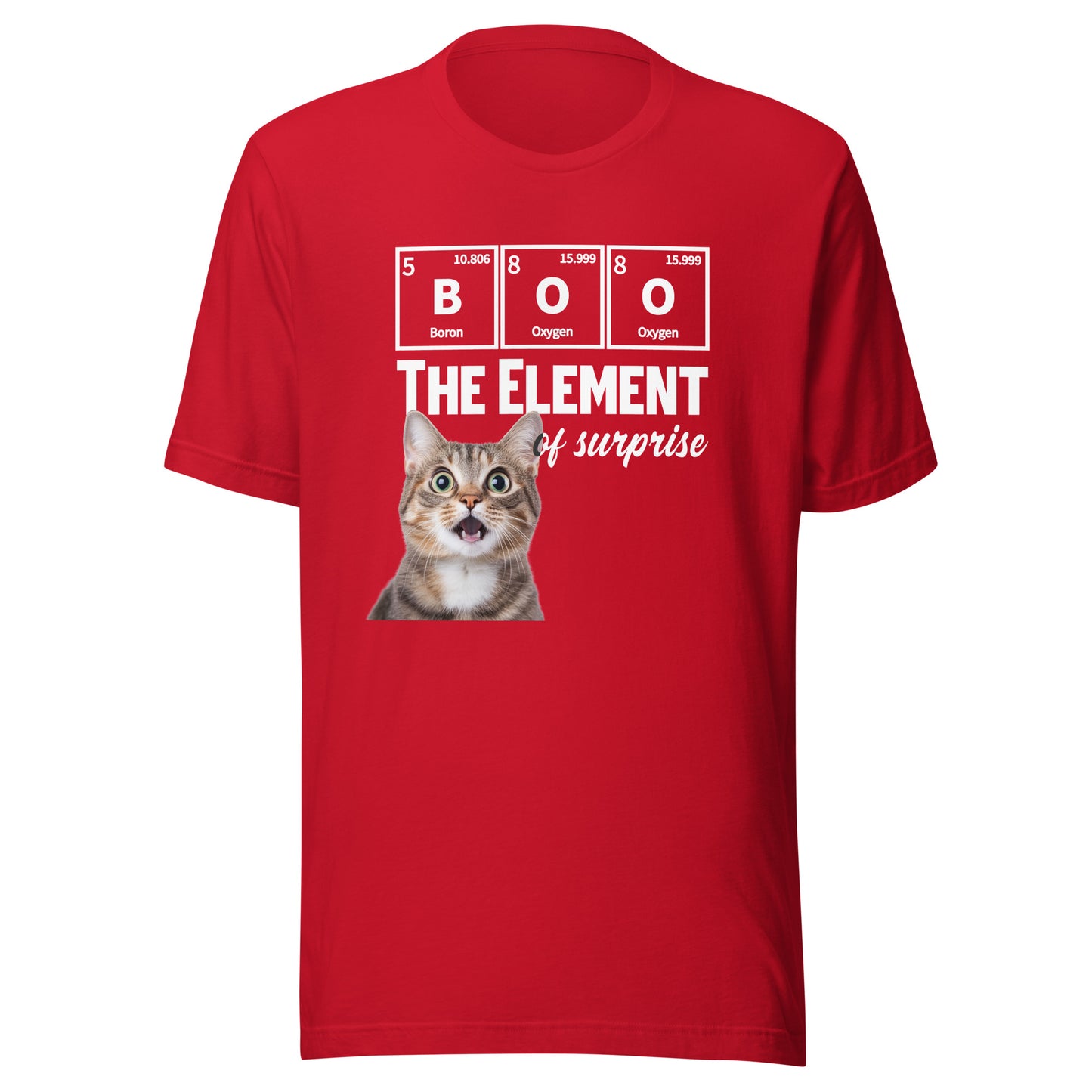Red unisex T-shirt featuring a playful cat graphic from Knot Qualified, perfect for casual wear.