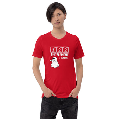 Red unisex T-shirt by Knot Qualified featuring a funny ghost graphic with a Halloween science pun.