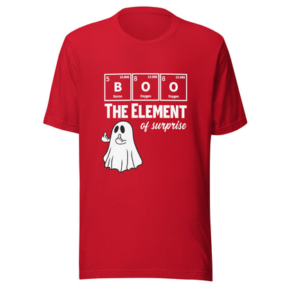 Red unisex t-shirt featuring a funny ghost graphic and Halloween science pun by Knot Qualified.
