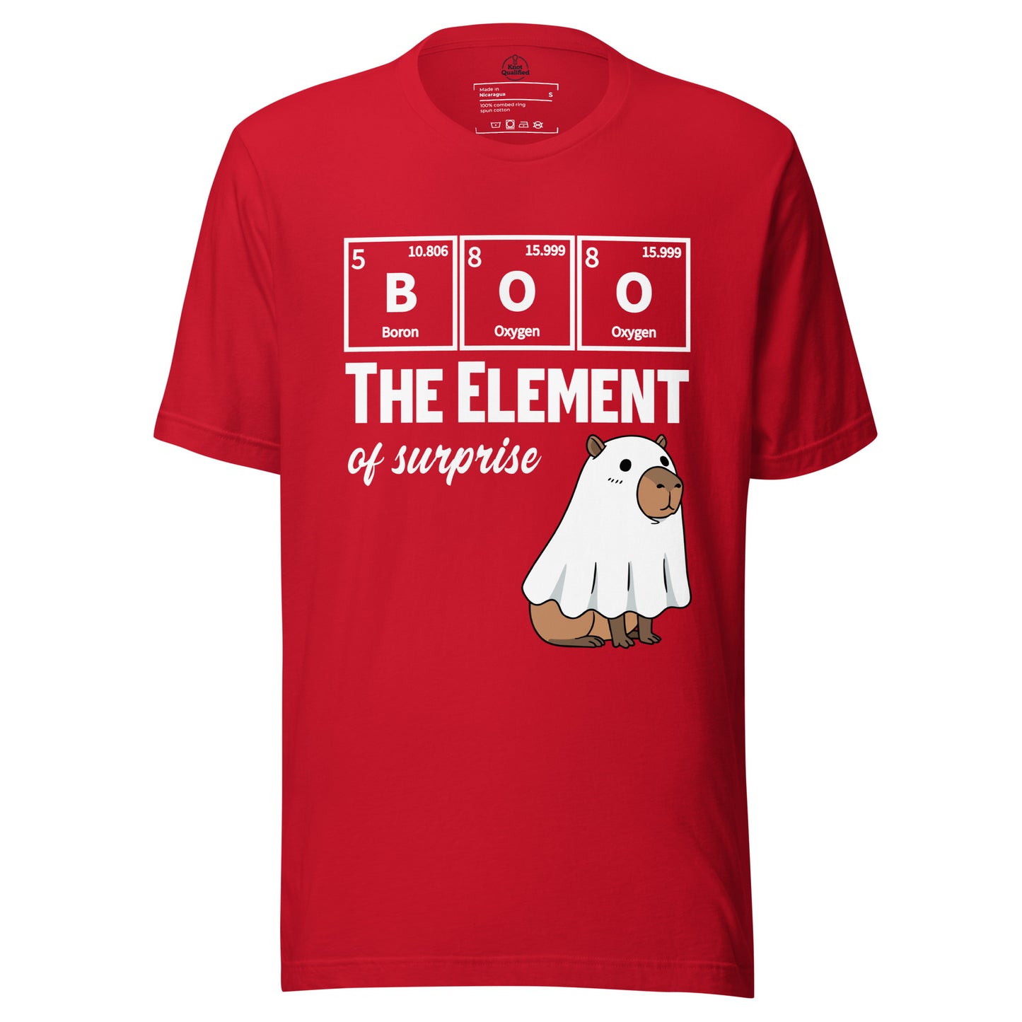 Red unisex t-shirt featuring a funny capybara ghost science design by Knot Qualified.