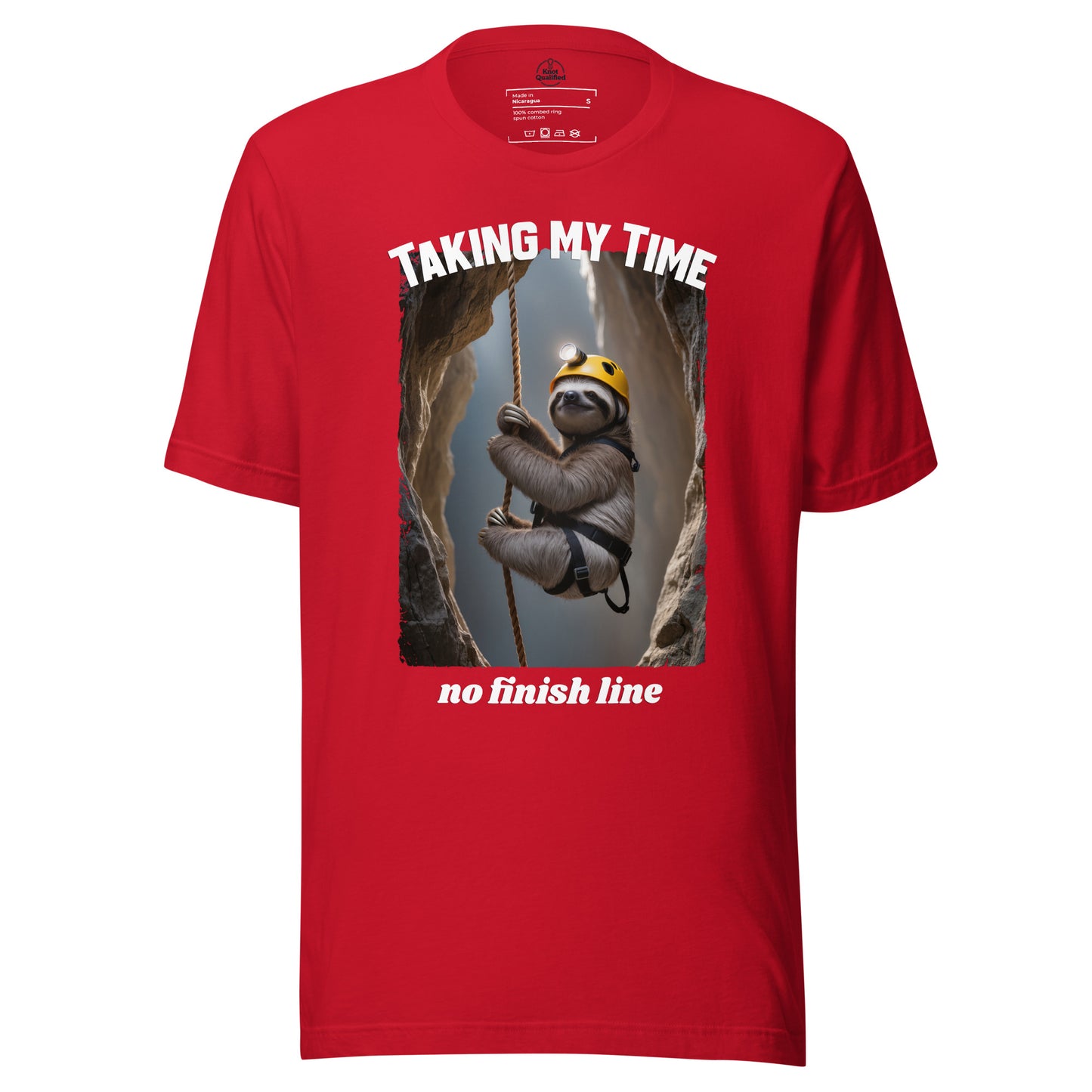 Red unisex T-shirt from Knot Qualified featuring "Taking my Time, no finish line" graphic on the front.