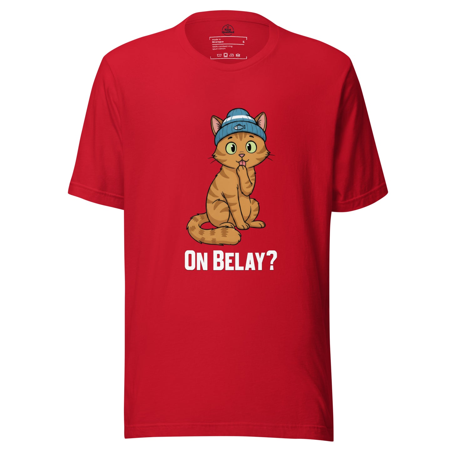 Red unisex t-shirt featuring "On Belay Climbing Cat" graphic by Knot Qualified, perfect for climbing enthusiasts.