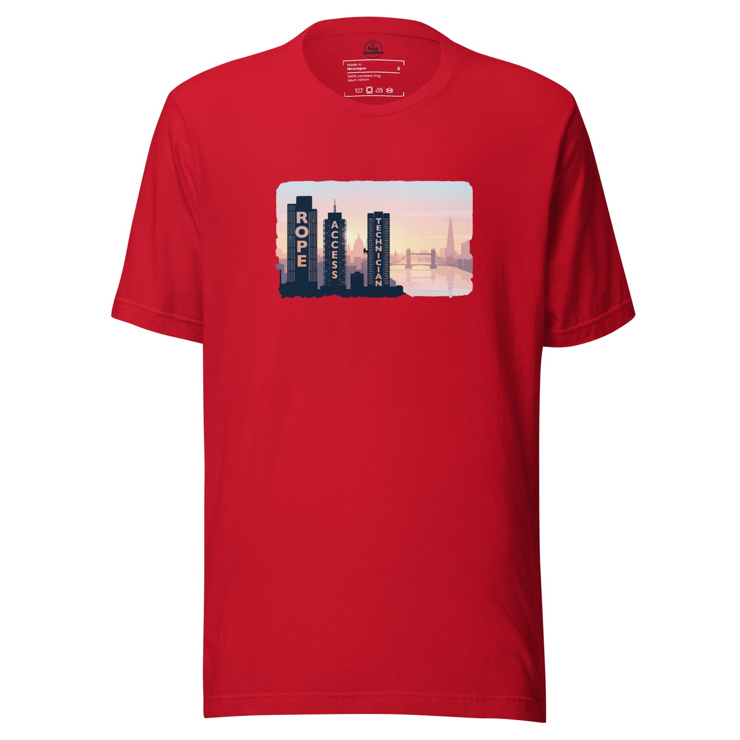 Red unisex T-shirt featuring the London skyline design, ideal for rope access technicians by Knot Qualified.