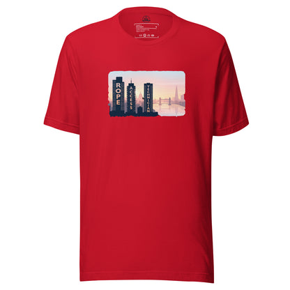 Red unisex T-shirt featuring the London skyline design, ideal for rope access technicians by Knot Qualified.