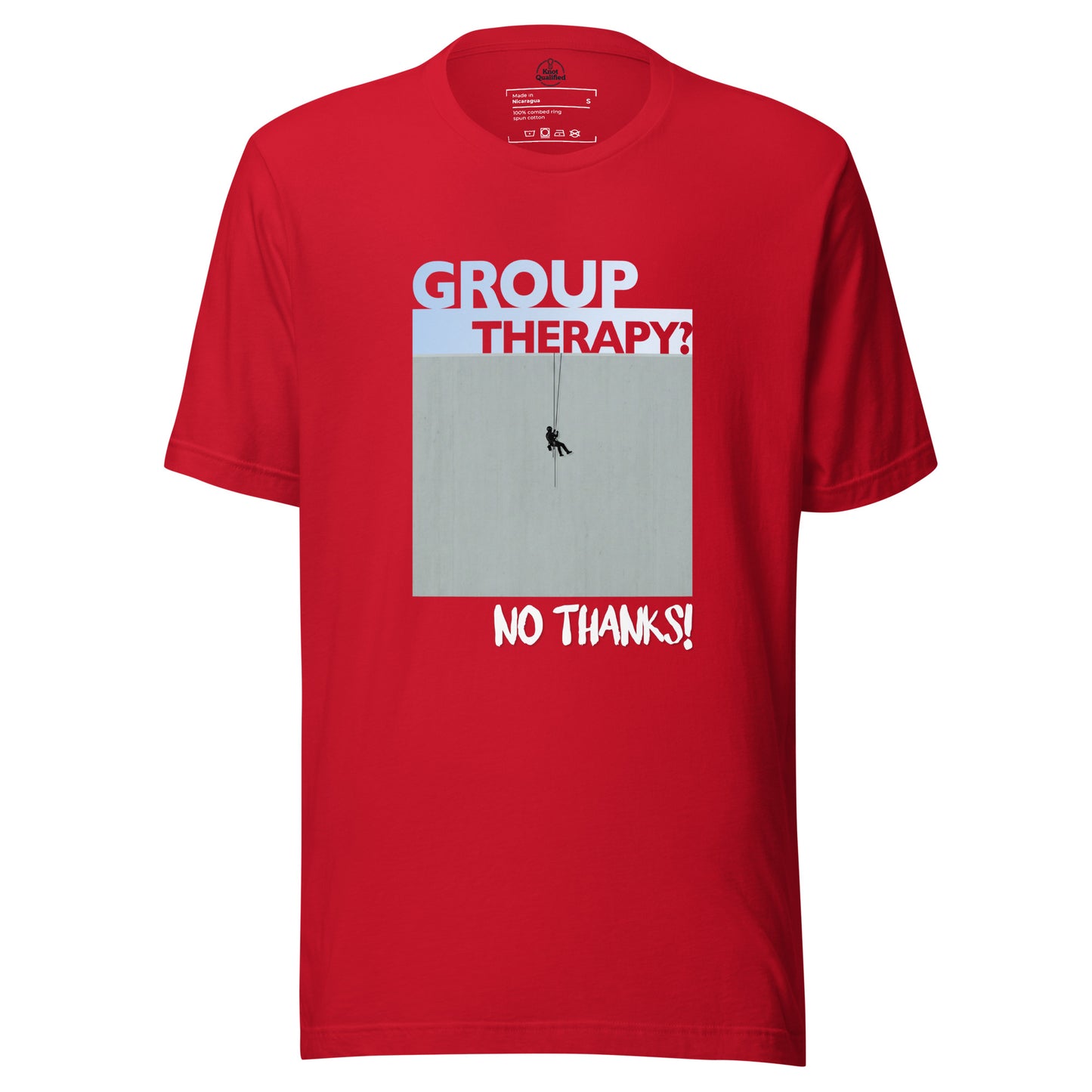 Red unisex T-shirt featuring "Group Therapy? No Thanks." text, designed for rope access technicians by Knot Qualified.
