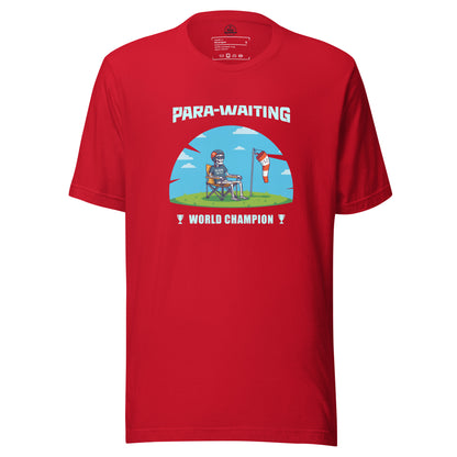 Red unisex T-shirt featuring "Para-Waiting World Champion" design, perfect for paragliding and paramotor enthusiasts.
