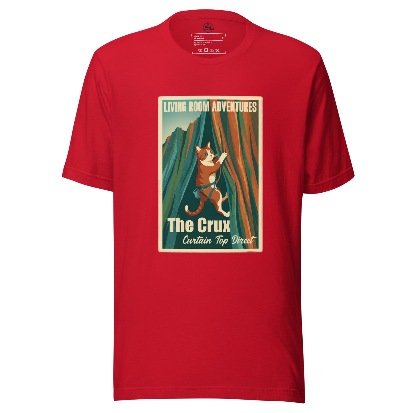 Red unisex T-shirt featuring a funny rock climbing cat graphic, designed by Knot Qualified for cat lovers.