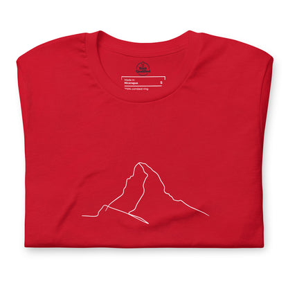 Red unisex t-shirt featuring minimalist Matterhorn line art in Picasso style by Knot Qualified.