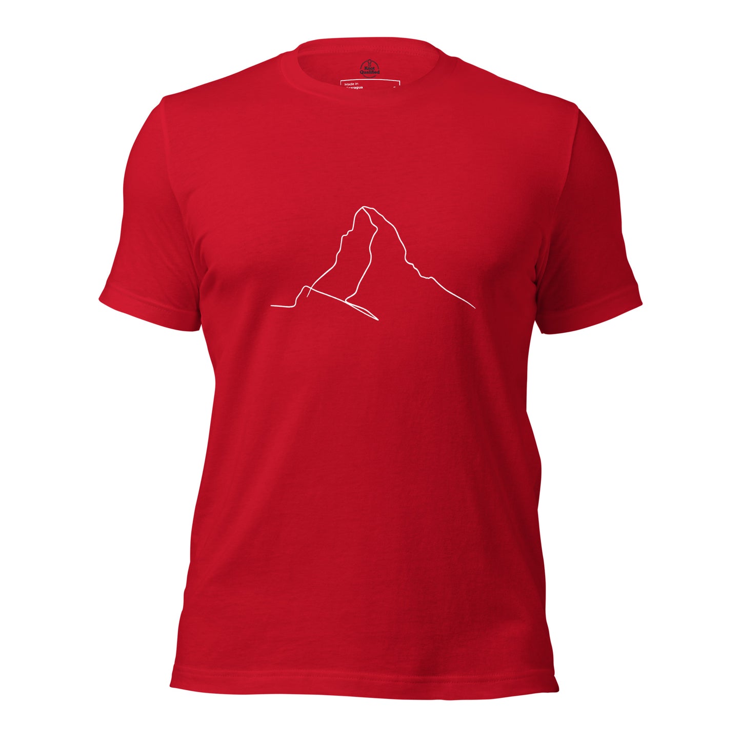 Unisex red t-shirt featuring minimalist Matterhorn line art in Picasso style by Knot Qualified.
