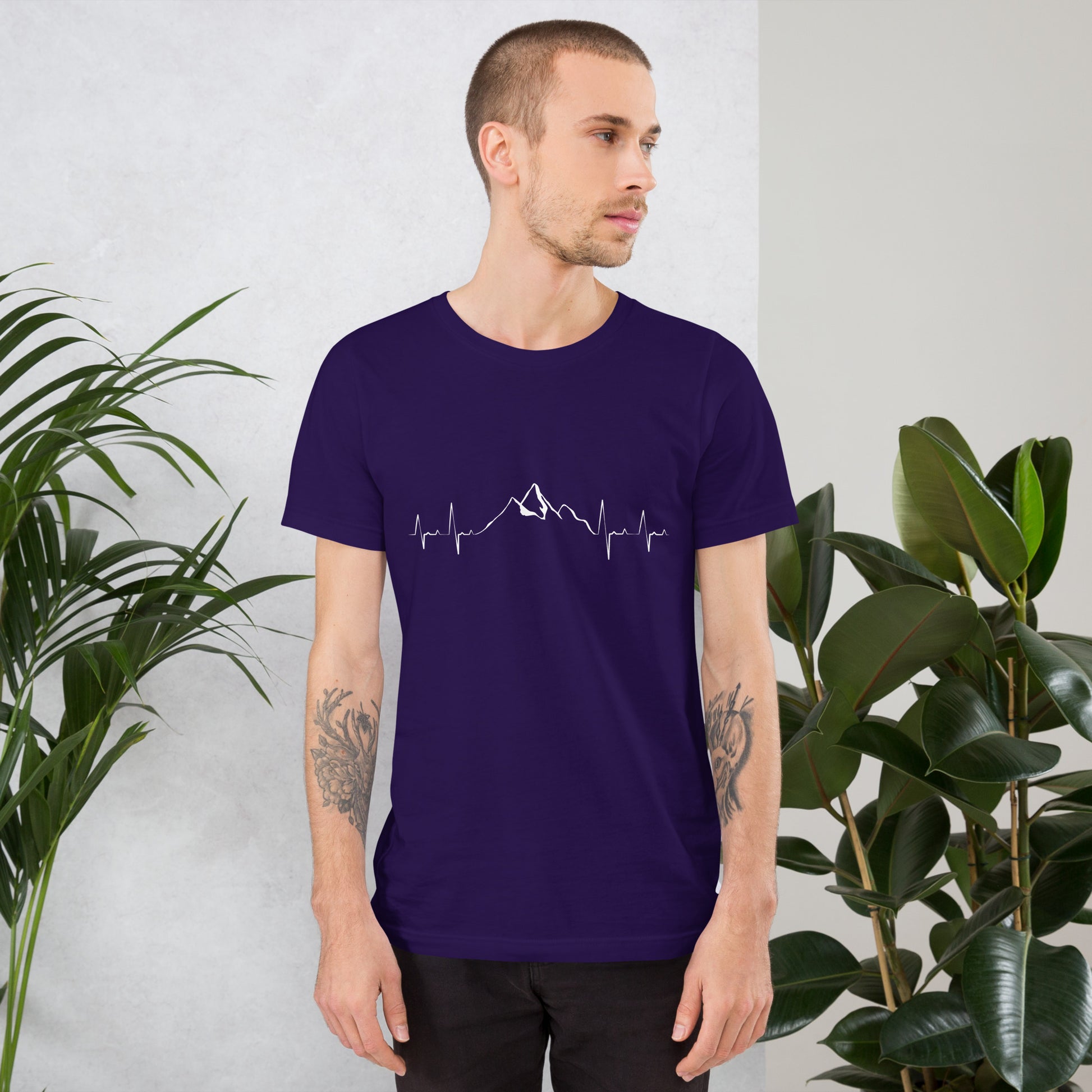 Unisex purple Mountain Heartbeat t-shirt by Knot Qualified, featuring a front graphic design.