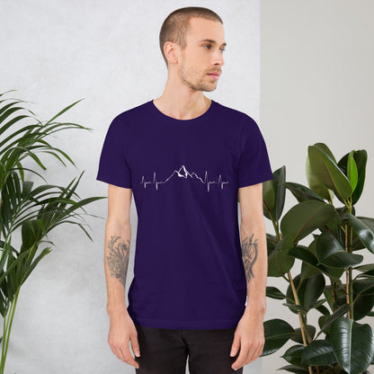 Unisex purple Mountain Heartbeat t-shirt by Knot Qualified, featuring a front graphic design.
