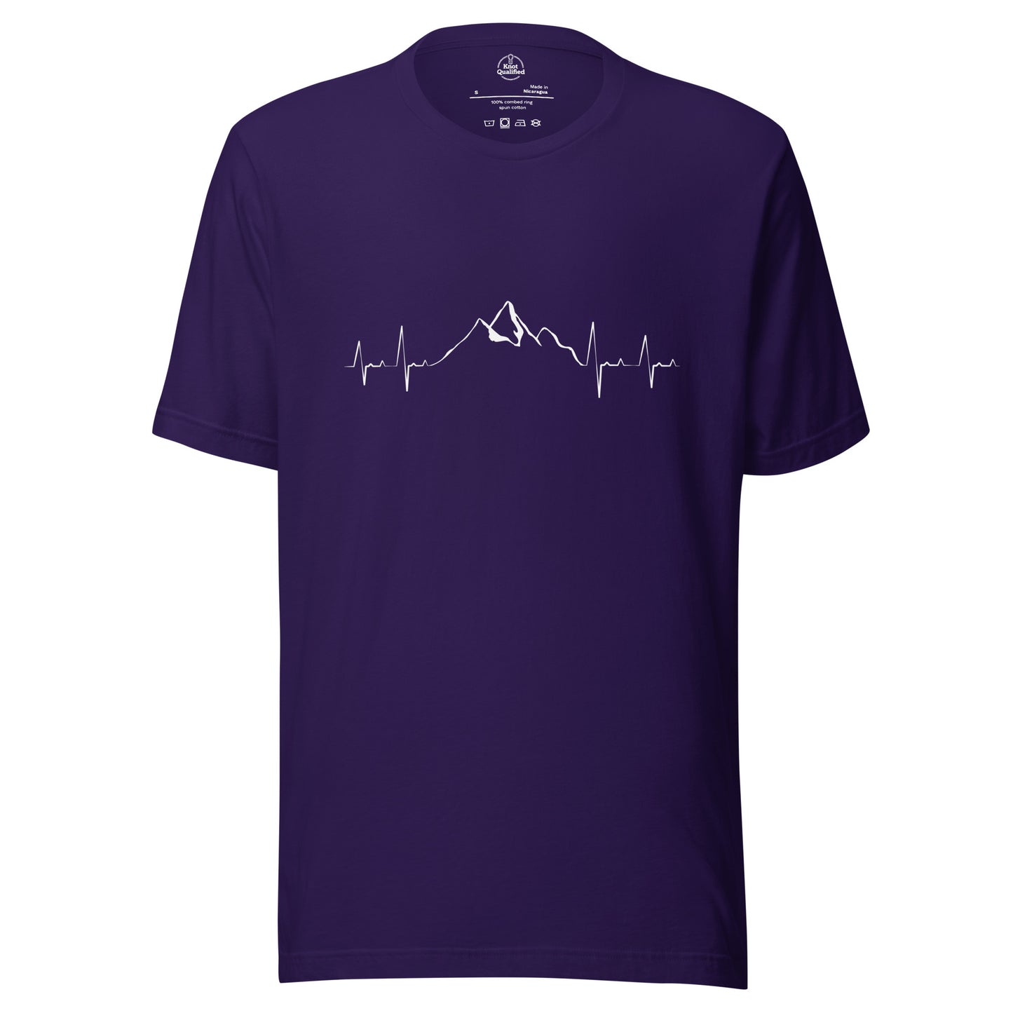Unisex purple Mountain Heartbeat t-shirt by Knot Qualified, featuring a front graphic design.