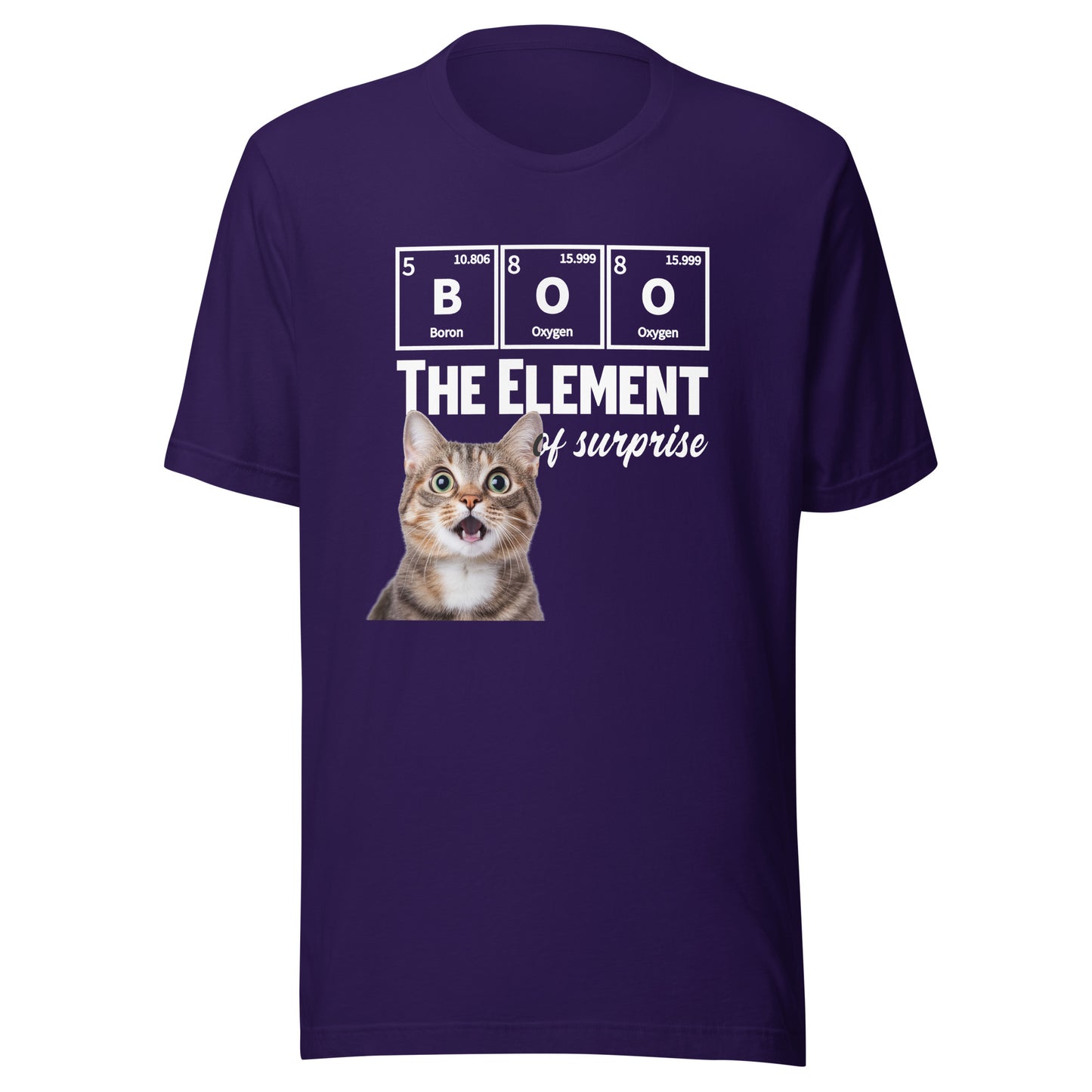 Unisex purple t-shirt featuring "BOO The Element of Surprise" graphic by Knot Qualified.