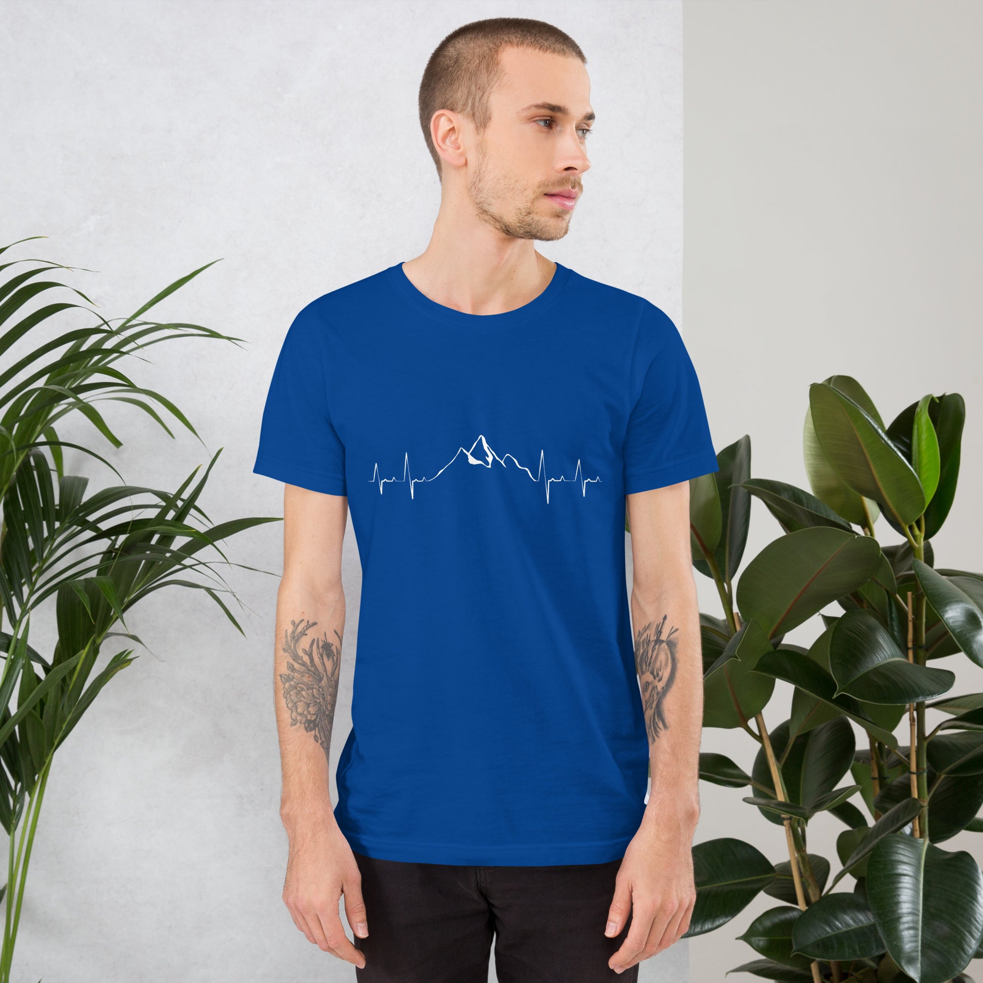 True royal unisex t-shirt by Knot Qualified featuring a mountain heartbeat graphic design on the front.