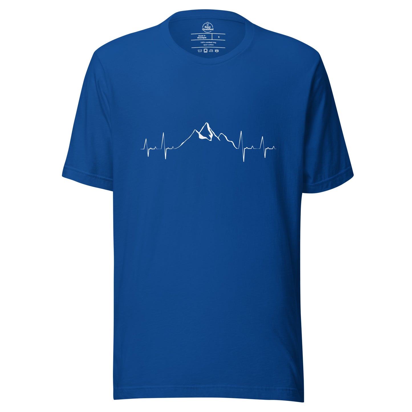 Unisex Knot Qualified Mountain Heartbeat t-shirt in true royal blue, featuring a mountain graphic on the front.