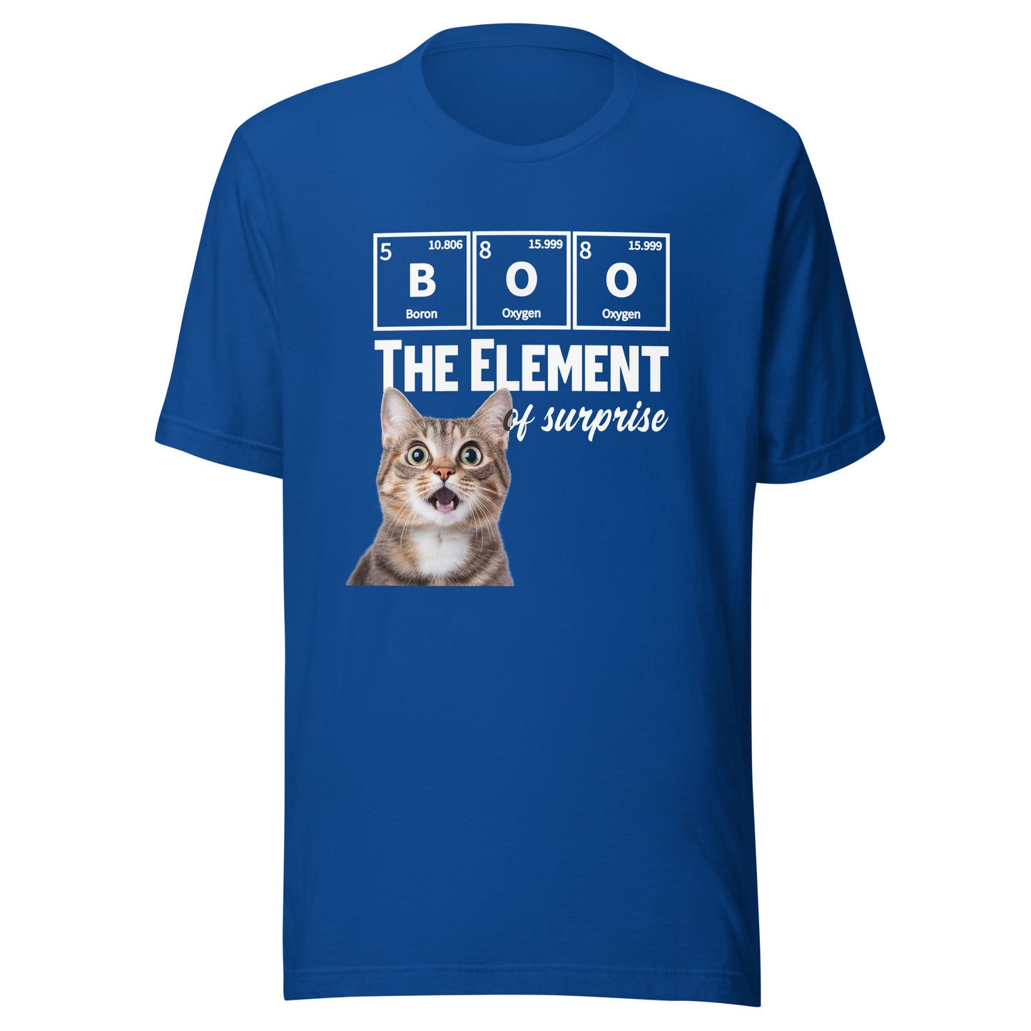 Unisex true royal t-shirt featuring BOO The Element of Surprise design by Knot Qualified.